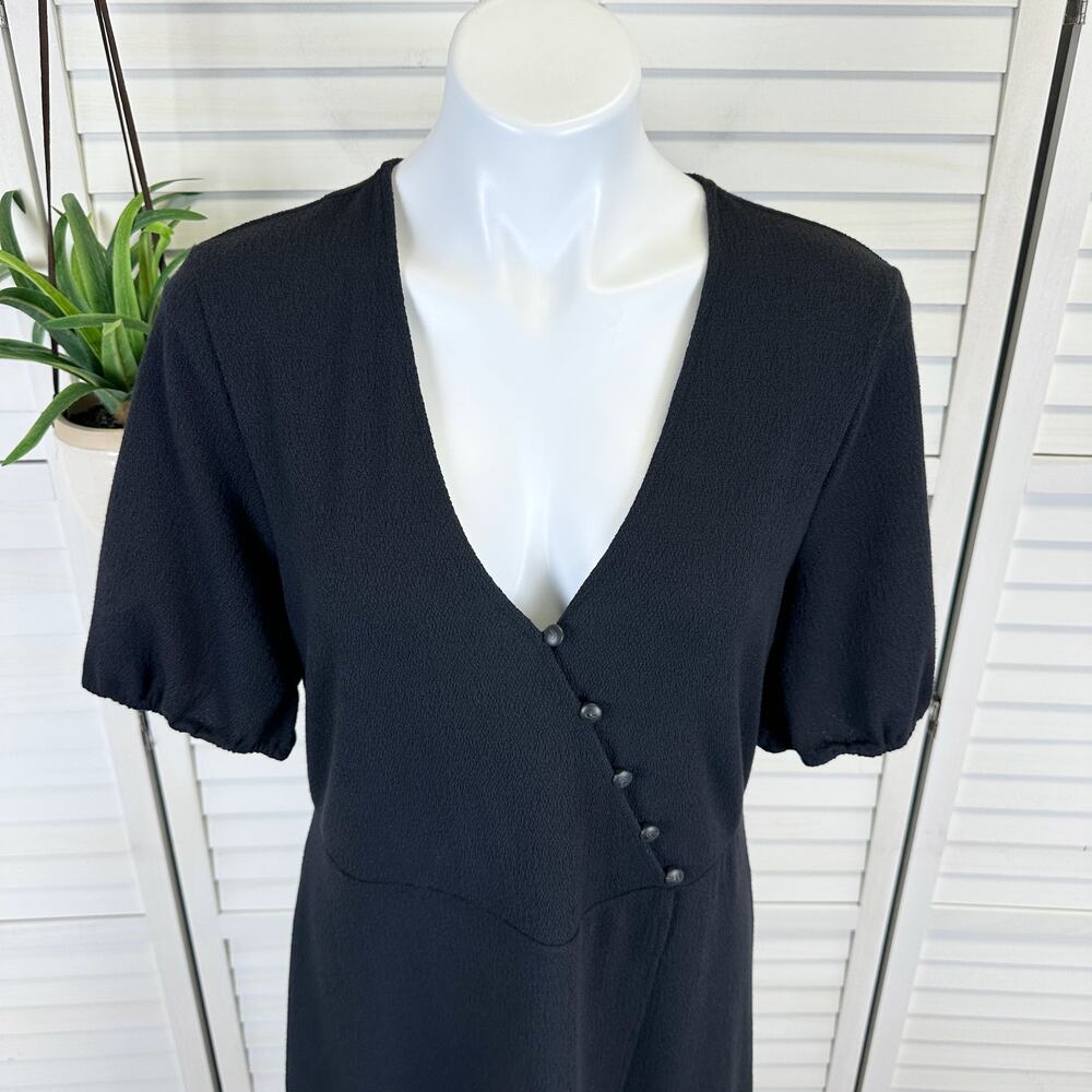 New Madewell Black Cross Front Button Dress Faux Wrap Puff Sleeve Retro Size XL - Picture 3 of 12